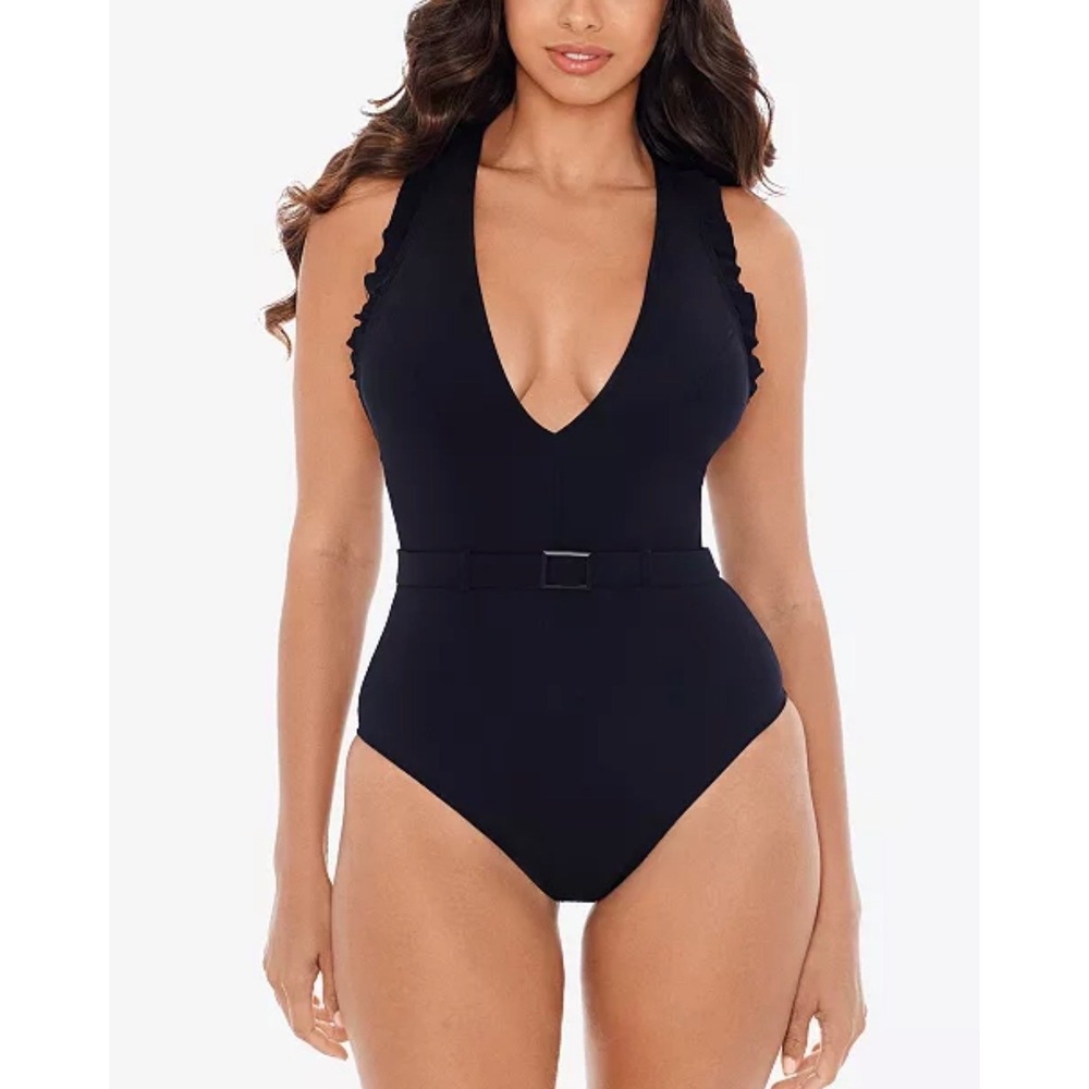 NWT Skinny Dippers One Piece Swimsuit Women Black Belted Ruffle Cinch M $142